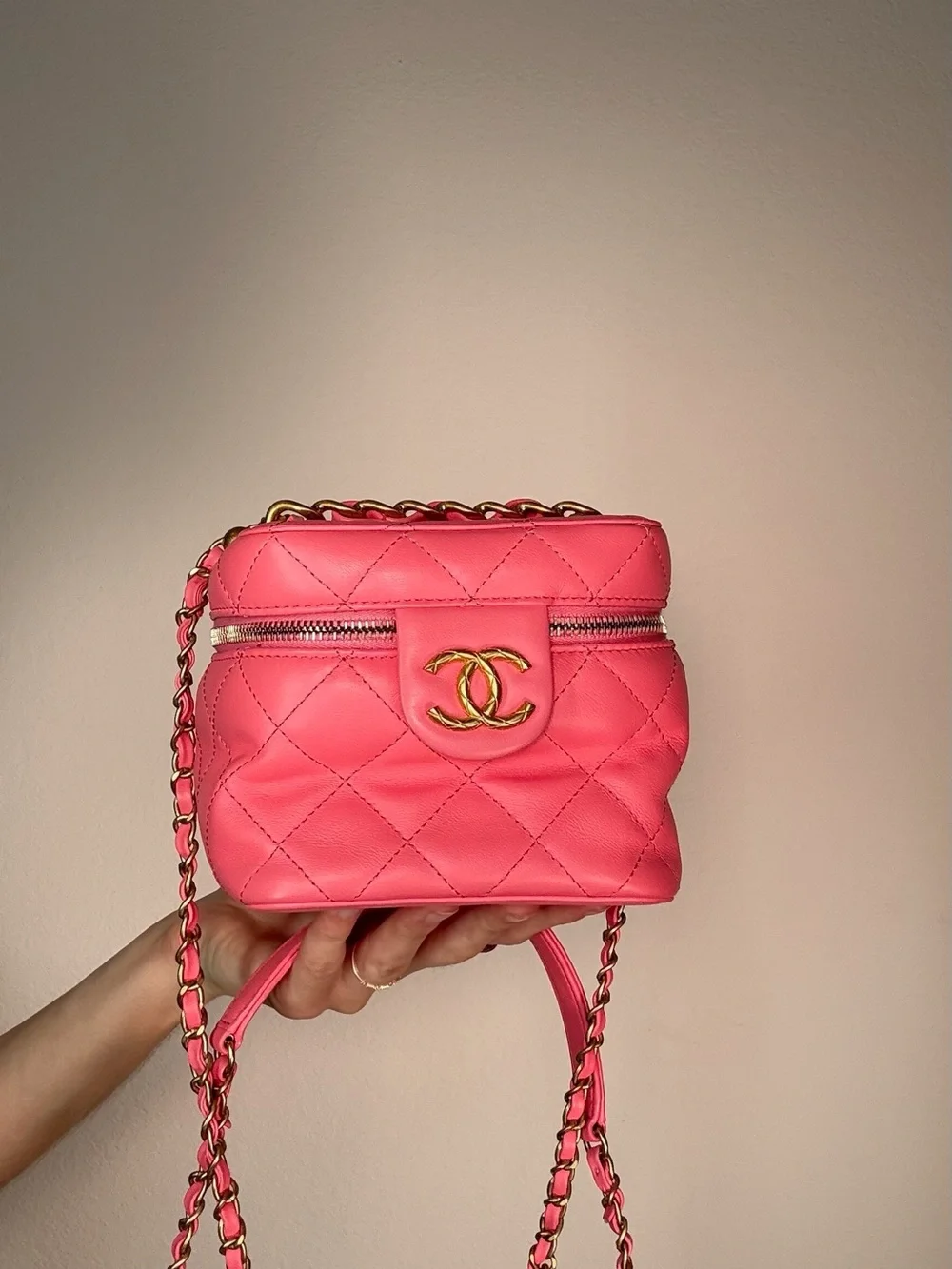 CHANEL Pink Quilted Leather Square Vanity Crossbody with Gold Hardware NIB